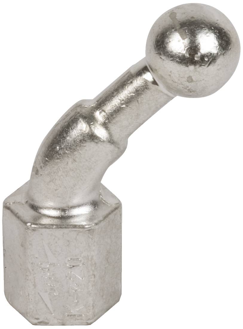 Composant de couplage métallique avec une extrémité incurvée de forme sphérique, potentiellement destiné à des applications mécaniques ou hydrauliques.