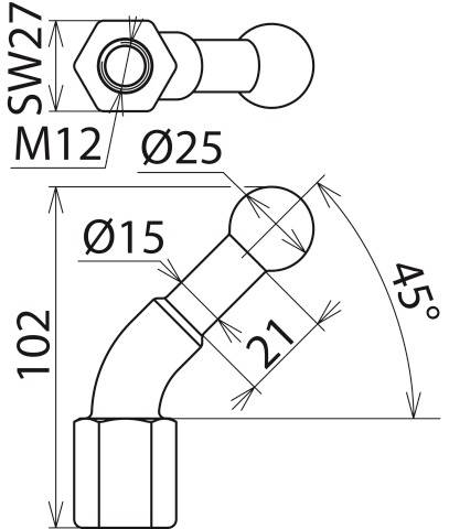 Dessin technique d'un raccord de tuyauterie. Les dimensions métriques sont indiquées, l'angle principal est de 45 degrés.