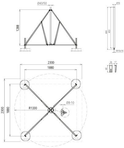 Dessin technique d'un châssis avec des vues schématiques et des dimensions. La vue principale montre une base carrée et une hauteur de 1288 mm.