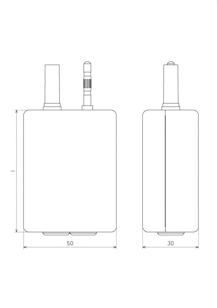 Dessin technique d'un dispositif rectangulaire avec deux connexions en haut. Dimensions : largeur 50 mm, profondeur 30 mm. Vue latérale et vue de face représentées.