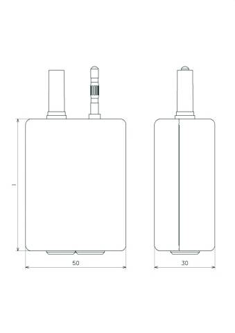 Conception du design d'une bouteille rectangulaire aux dimensions de 50x30 mm, présentée sous deux vues différentes.