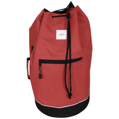 Sac de sport rouge avec fermeture éclair et cordon de serrage, cordon noir et base.