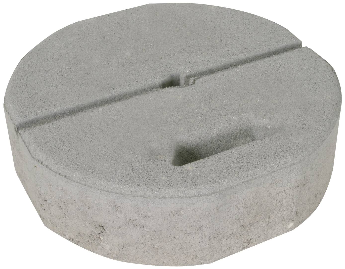 Un socle rond en béton avec un évidement au centre, adapté pour stabiliser un parasol ou une tente.