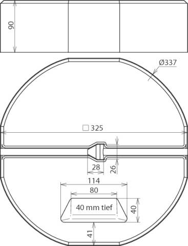 Coupe transversale d'un récipient cylindrique de Ø337 mm, hauteur 90, ouverture de 325 mm. Le détail montre une rainure de 40 mm de profondeur.