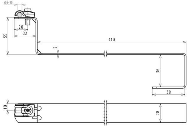 Dessin technique d'une pièce métallique au design en L. Dimensions : longueur 410 mm, largeur 38 mm, hauteur 55 mm. Incluant boulons et écrous.