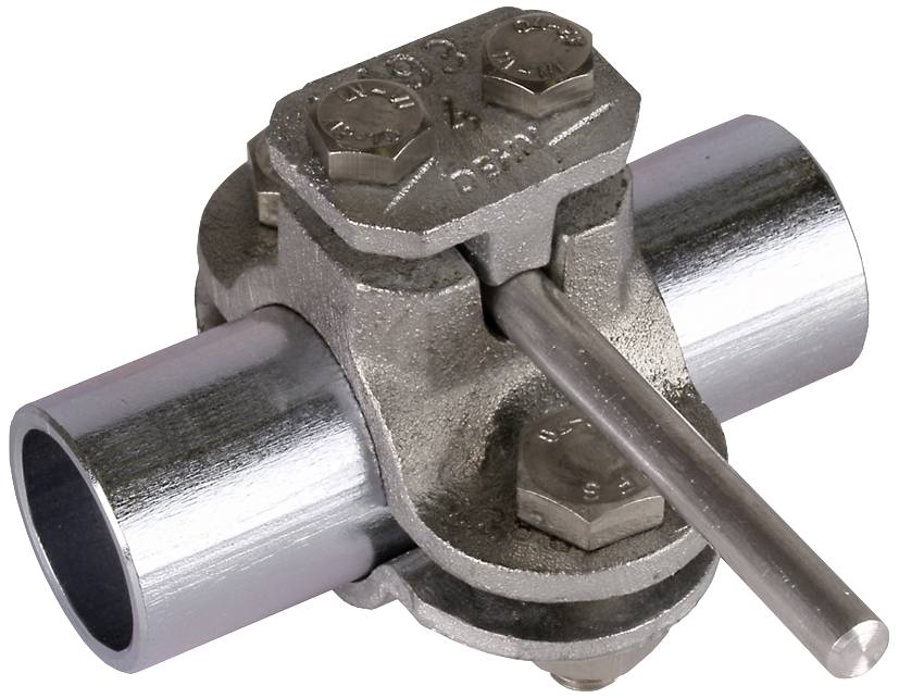 Deux conduites en argent avec un raccordement en T métallique. Le té possède une vis et une tige de stabilisation.