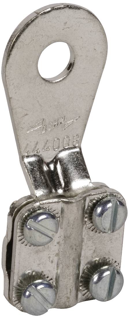 Pince de câble métallique à quatre vis et un trou de fixation en haut. Elle sert à connecter de manière sécurisée des fils ou des câbles.