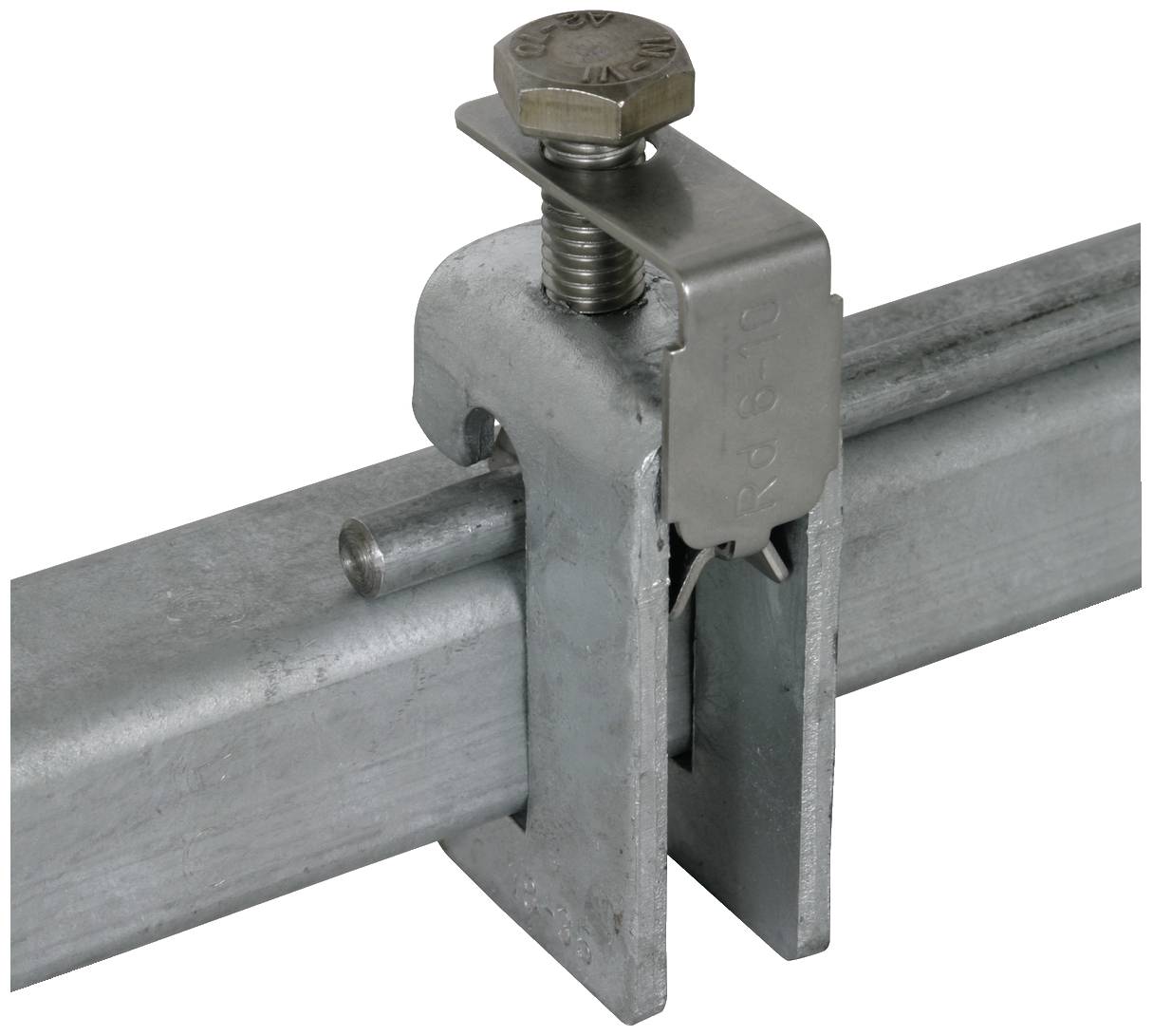 Pince métallique pour la fixation d'un support horizontal. Vue détaillée du montage par vis et des caractéristiques de construction.