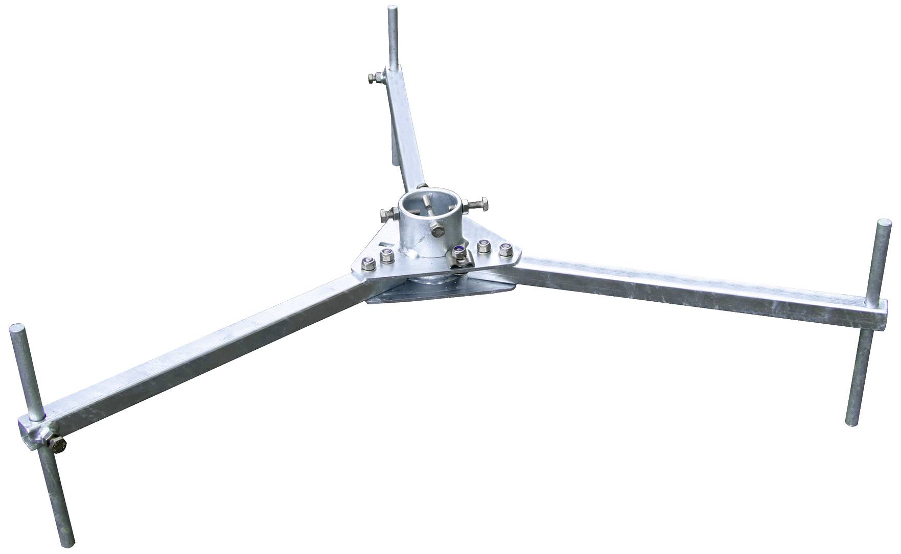 Support trépied métallique à jambes réglables avec raccordement central par tube, utilisé pour le montage d'antennes ou de mâts.
