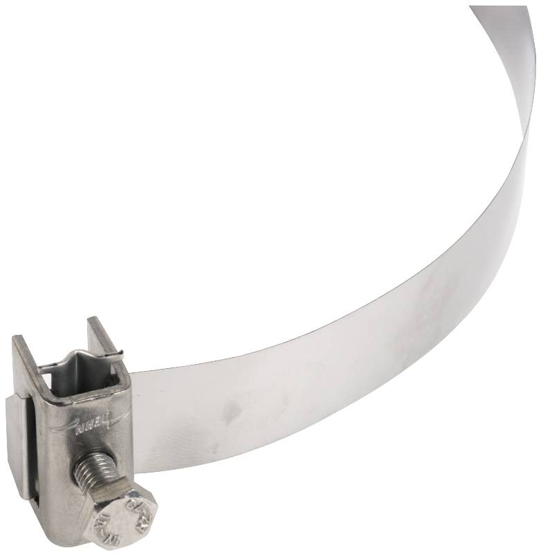 Bande métallique avec fixation par manchon fileté, adaptée pour le montage sécurisé d'objets.