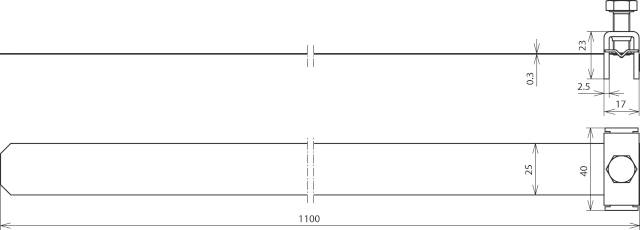 Plan détaillé d'une tige métallique cylindrique avec dimensions, deux vis à chaque extrémité ; vue de dessus montrant la coupe transversale et les détails des vis.