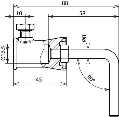 Dessin technique d'un coude de tuyau avec les dimensions suivantes : longueur 88 mm, diamètre de raccordement 8 mm, et un coude à 90 degrés.