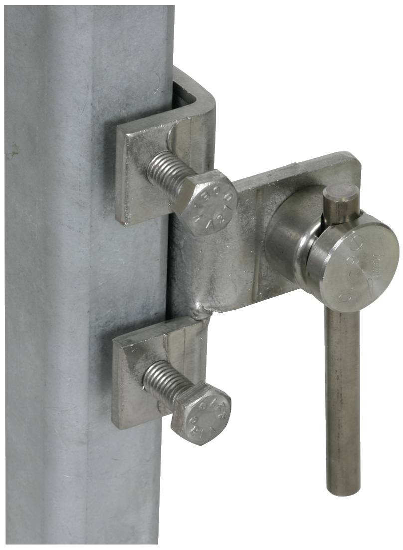 Un verrou métallique à levier sur un poteau cylindrique, sécurisé par deux vis.