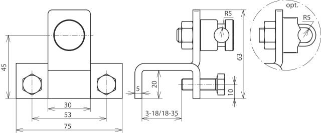 Dessin technique d'un support avec dimensions et vues latérales. Indique les distances de perçage, les cotes de hauteur et de profondeur, ainsi que les indications de rayon.