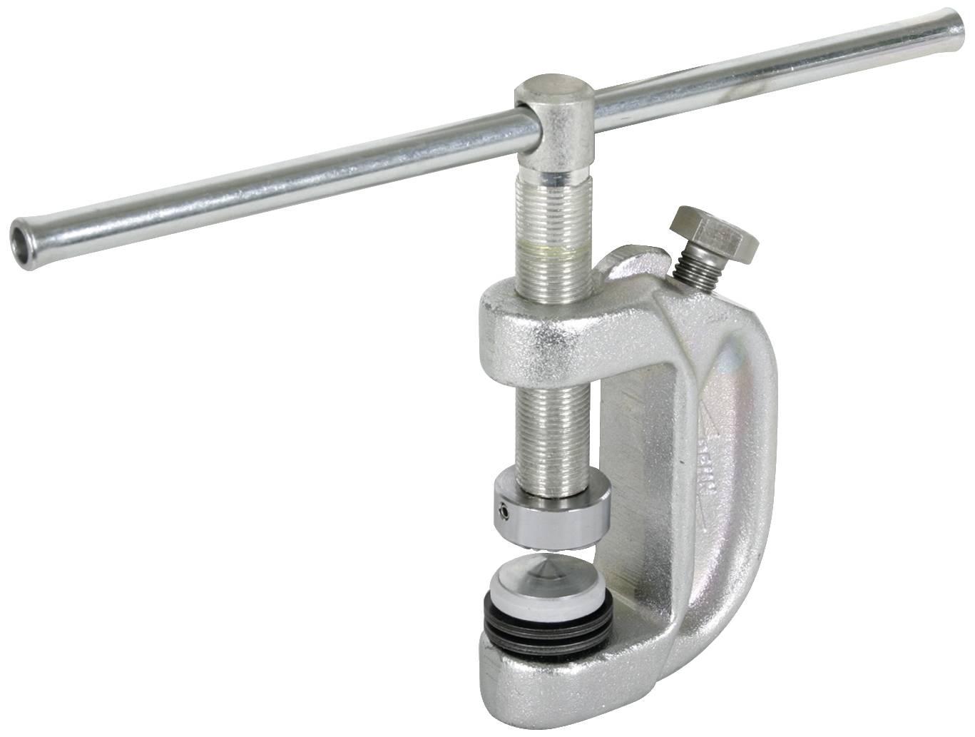 Une machine à cintrer les tubes en argent avec une tige de rotation en métal en forme de T, utilisée pour plier des tubes.