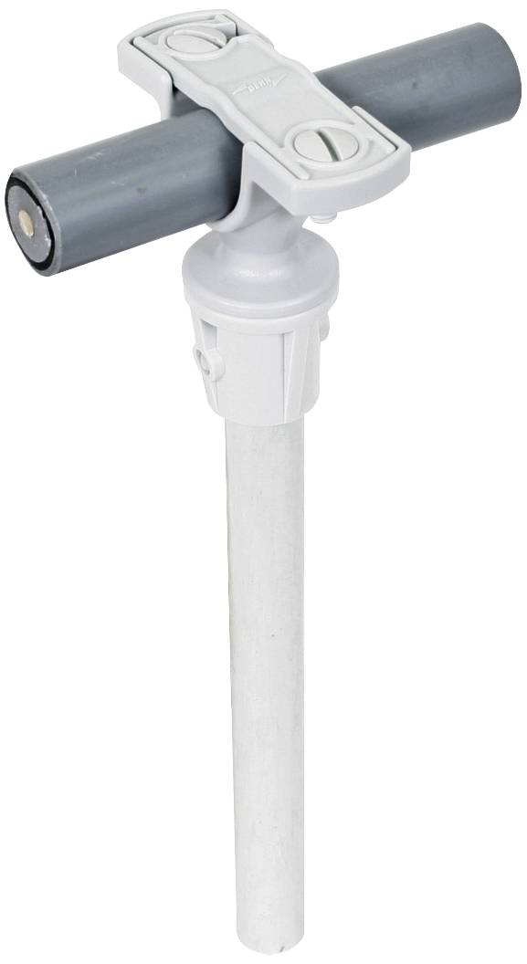 Un connecteur en T gris avec un tube noir, monté sur une tige blanche. Utilisé pour les connexions de tuyaux ou les structures.