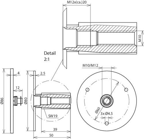 Dessin technique d'un composant cylindrique avec dimensions : diamètre extérieur 86 mm, perçage M12, vue détaillée à l'échelle 2:1.