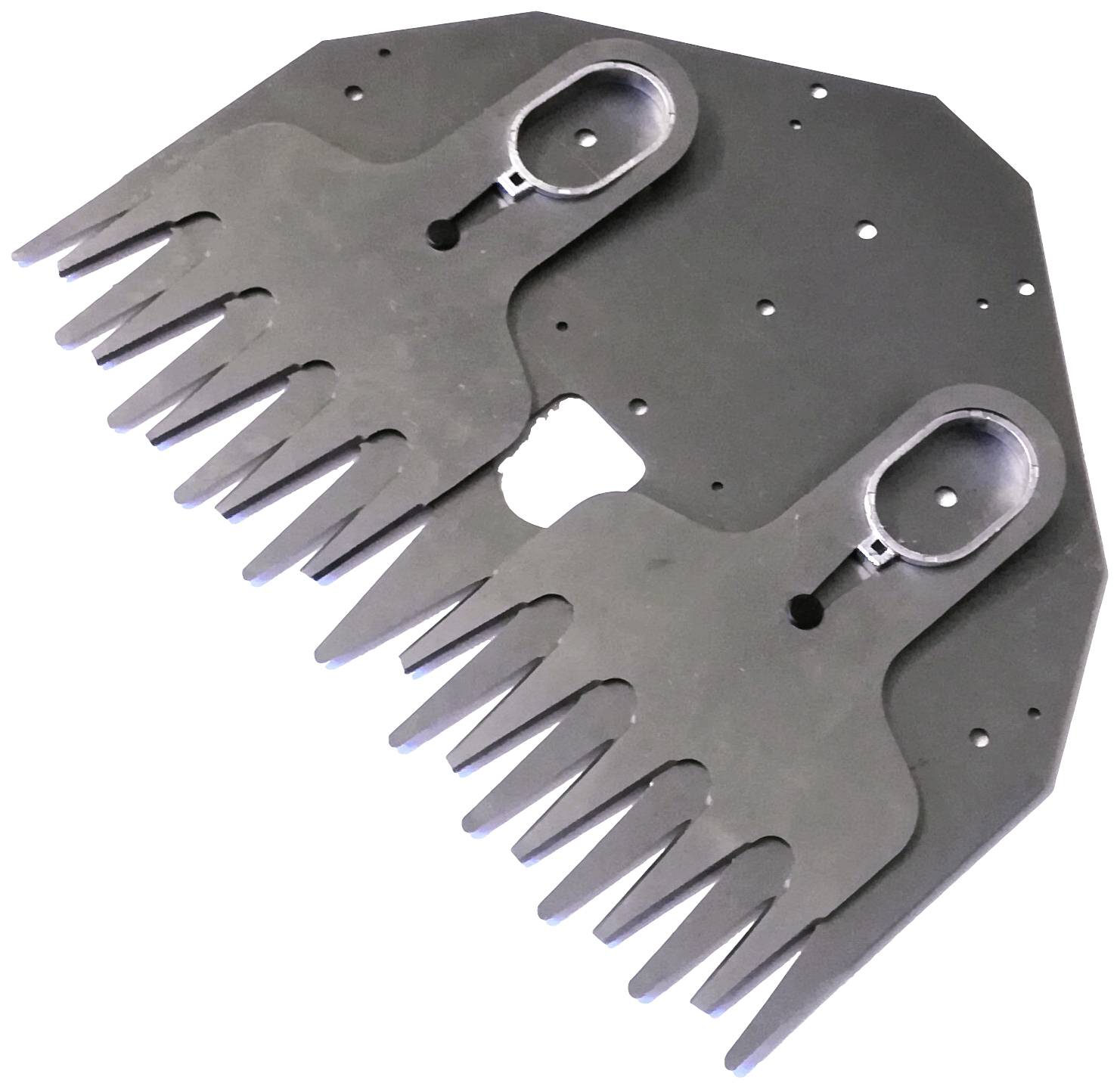 Lames métalliques pour une tondeuse à moutons, composées de deux rangées de dents noires, utilisées pour la tonte efficace de la laine ovine.