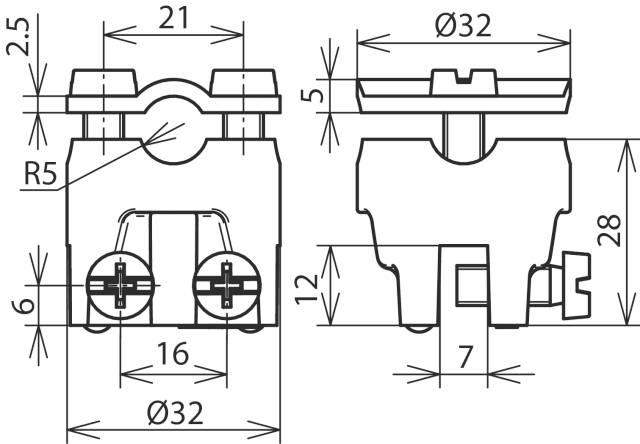Dessin d'un composant technique avec des dimensions en millimètres. À gauche, la vue de face, à droite, la vue latérale.