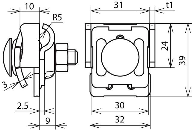 Dessin technique d'un ferrage à charnière avec dimensions en millimètres : largeur 32, hauteur 39. Contient des détails sur les positions des vis.