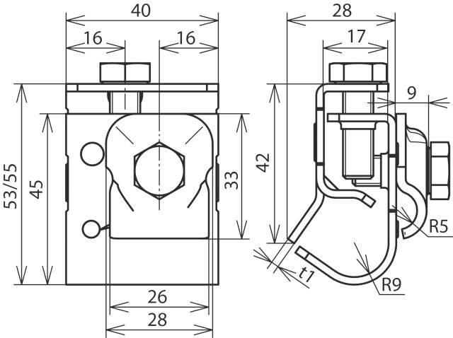 Dessin technique d'un composant mécanique avec dimensions en millimètres : 40x53/55x45. Présente des détails et des vues en angle.