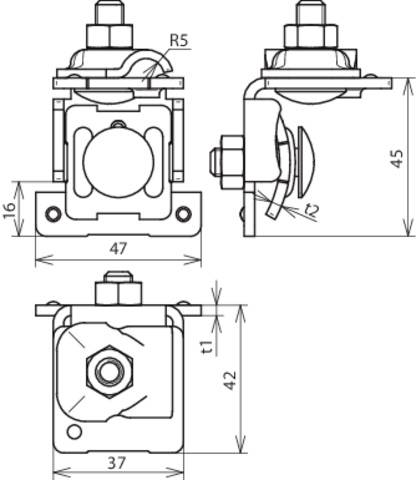 Dessin technique d'une pièce mécanique avec dimensions : largeur 47 mm, hauteur 45 mm, profondeur 42 mm, autres détails et vues en coupe.
