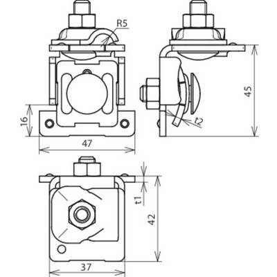 Dessin technique d'une pièce mécanique avec dimensions : largeur 47 mm, hauteur 45 mm, profondeur 42 mm, autres détails et vues en coupe.
