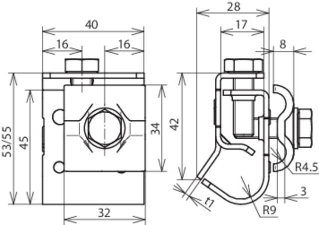Dessin technique d'un collier de serrage avec dimensions : largeur 40 mm, hauteur 34 mm. Vue latérale montrant la profondeur 42 mm et différentes distances.