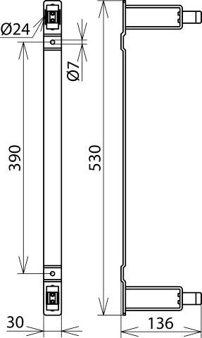 Dessin technique d'un composant rectangulaire avec les dimensions suivantes : longueur 530 mm, hauteur 30 mm, largeur 136 mm. Deux raccordements circulaires de Ø24 mm et Ø7 mm.