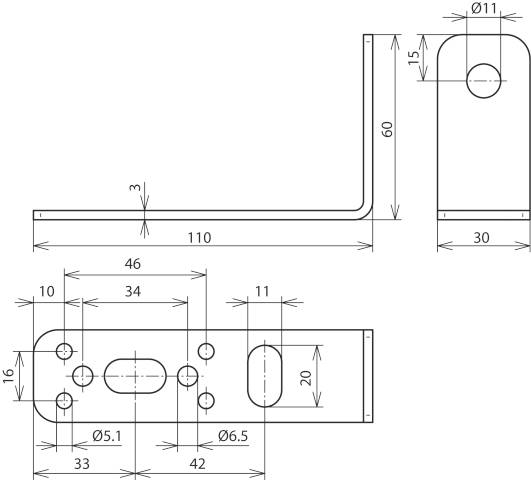 Dessin technique d'un équerre métallique en L avec des indications de dimensions détaillées en millimètres.
