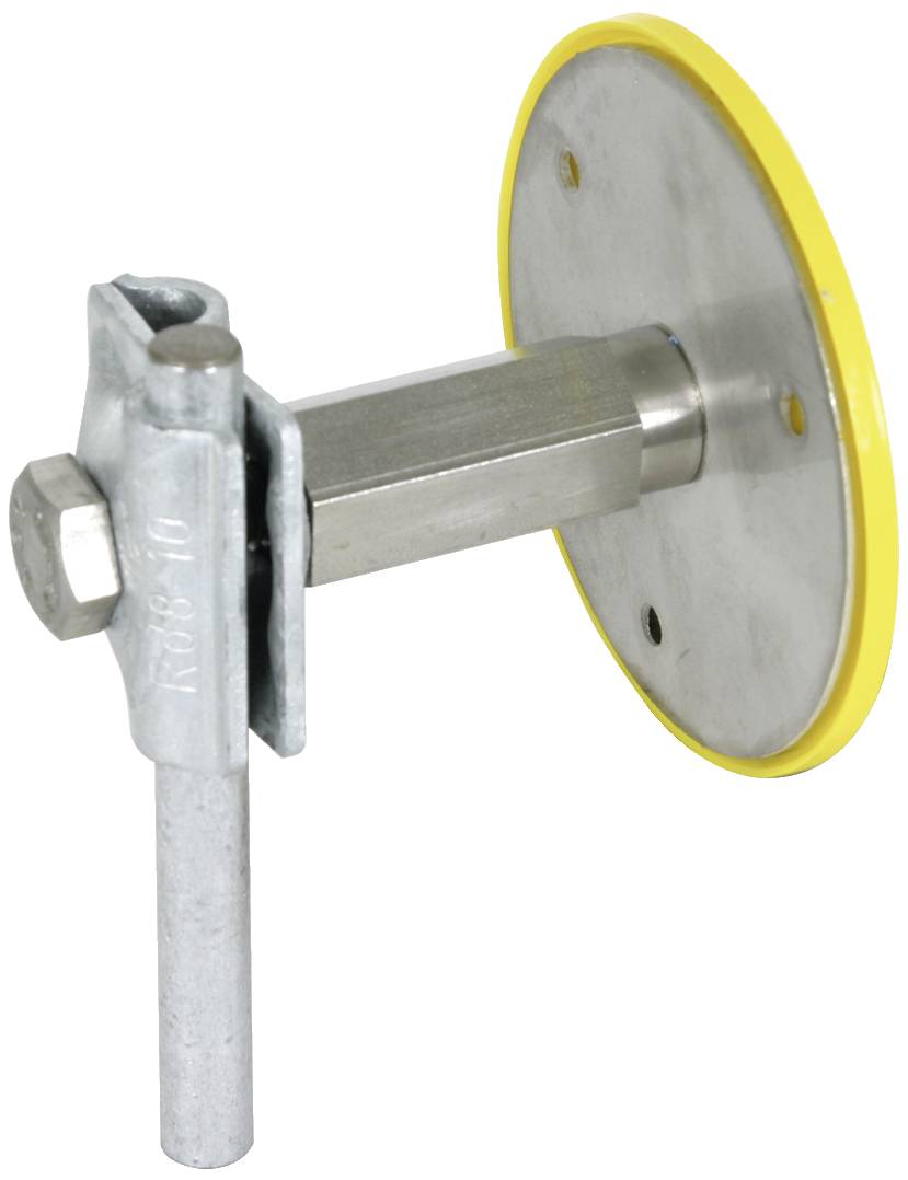 Dispositif métallique cylindrique avec un disque jaune, apparemment un élément de fixation ou de maintien, muni d'un boulon et d'une vis.