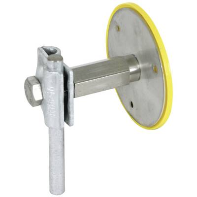 Dispositif métallique cylindrique avec un disque jaune, apparemment un élément de fixation ou de maintien, muni d'un boulon et d'une vis.