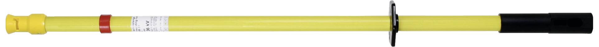Cet objet est un bâton isolant jaune avec des poignées noires et un anneau rouge, utilisé comme isolateur de protection dans les systèmes électriques.
