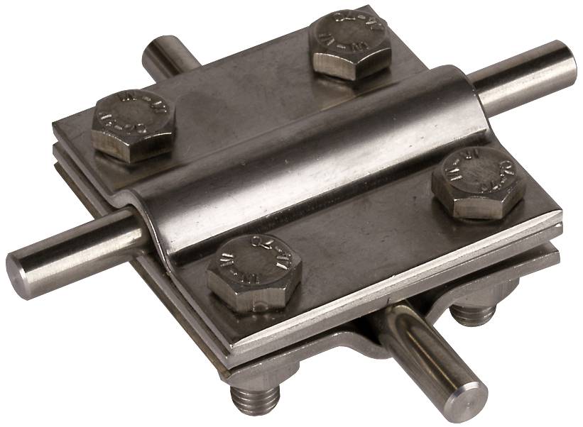 Une charnière métallique composée de tiges cylindriques et de quatre vis, qui relie des composants ou fixe des pièces mobiles.