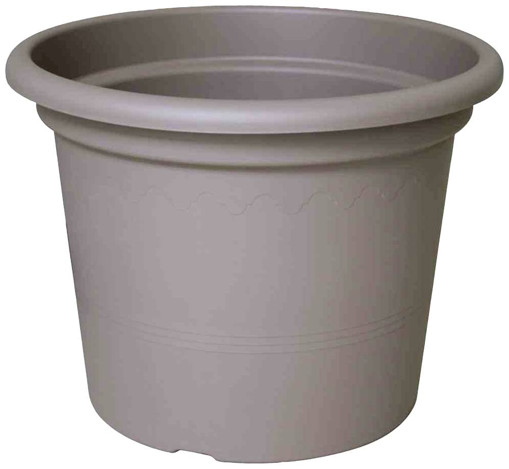 Un grand pot de fleurs en plastique rond, gris, doté d'un bord renforcé et de détails légèrement texturés.