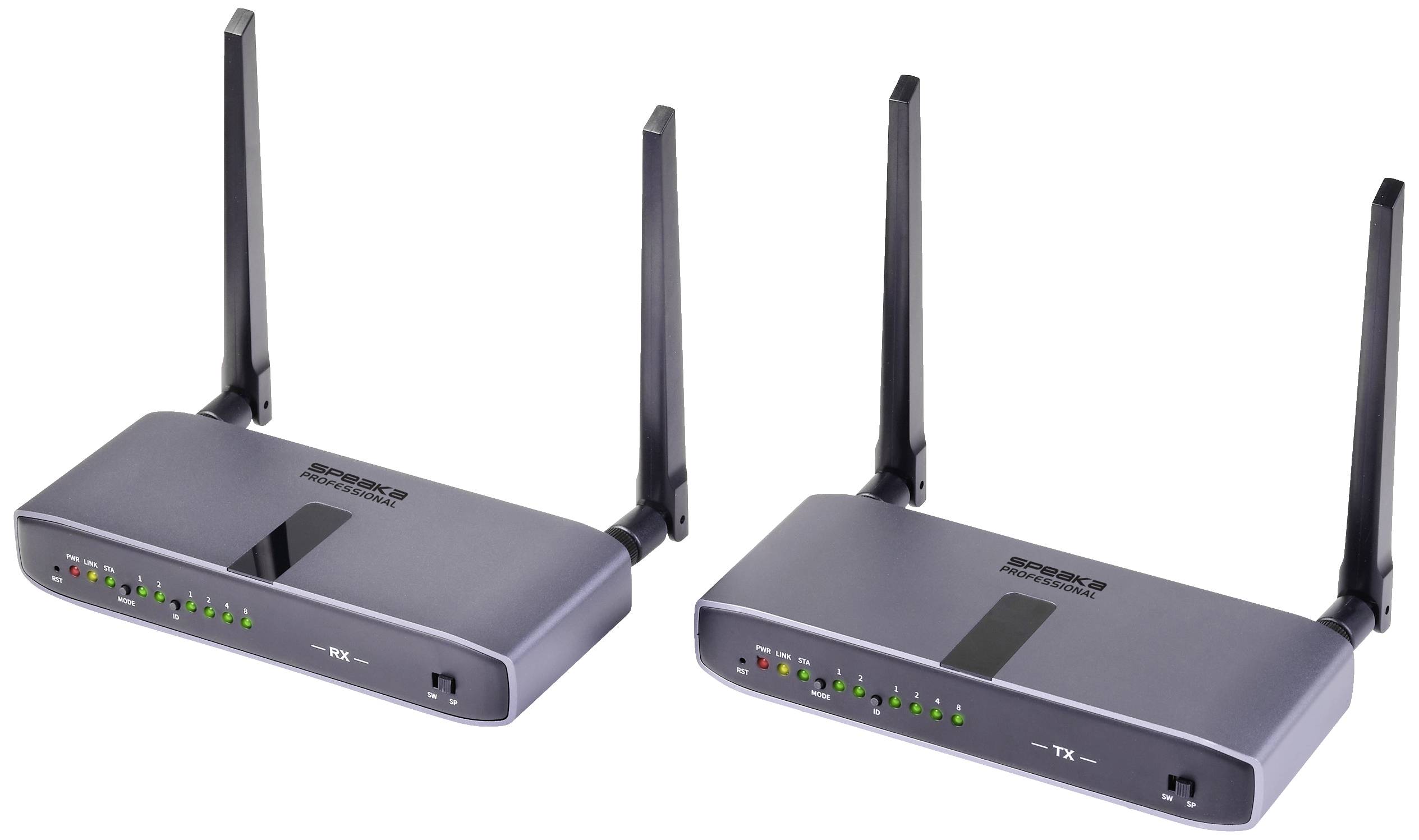 Deux appareils électroniques gris, chacun équipé de deux antennes et de plusieurs voyants LED verts, susceptibles d'indiquer l'état de fonctionnement.