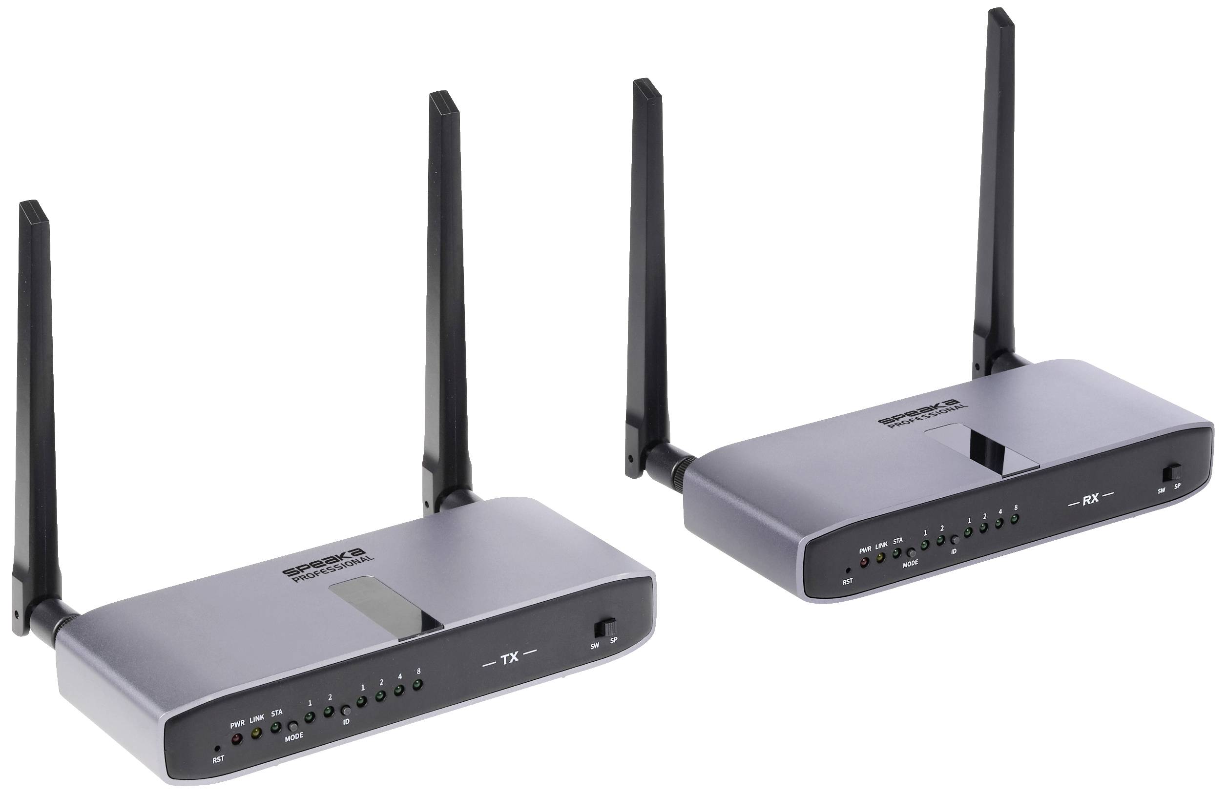 Deux récepteurs noirs sans fil avec des antennes et plusieurs voyants LED, représentés sur un fond blanc.