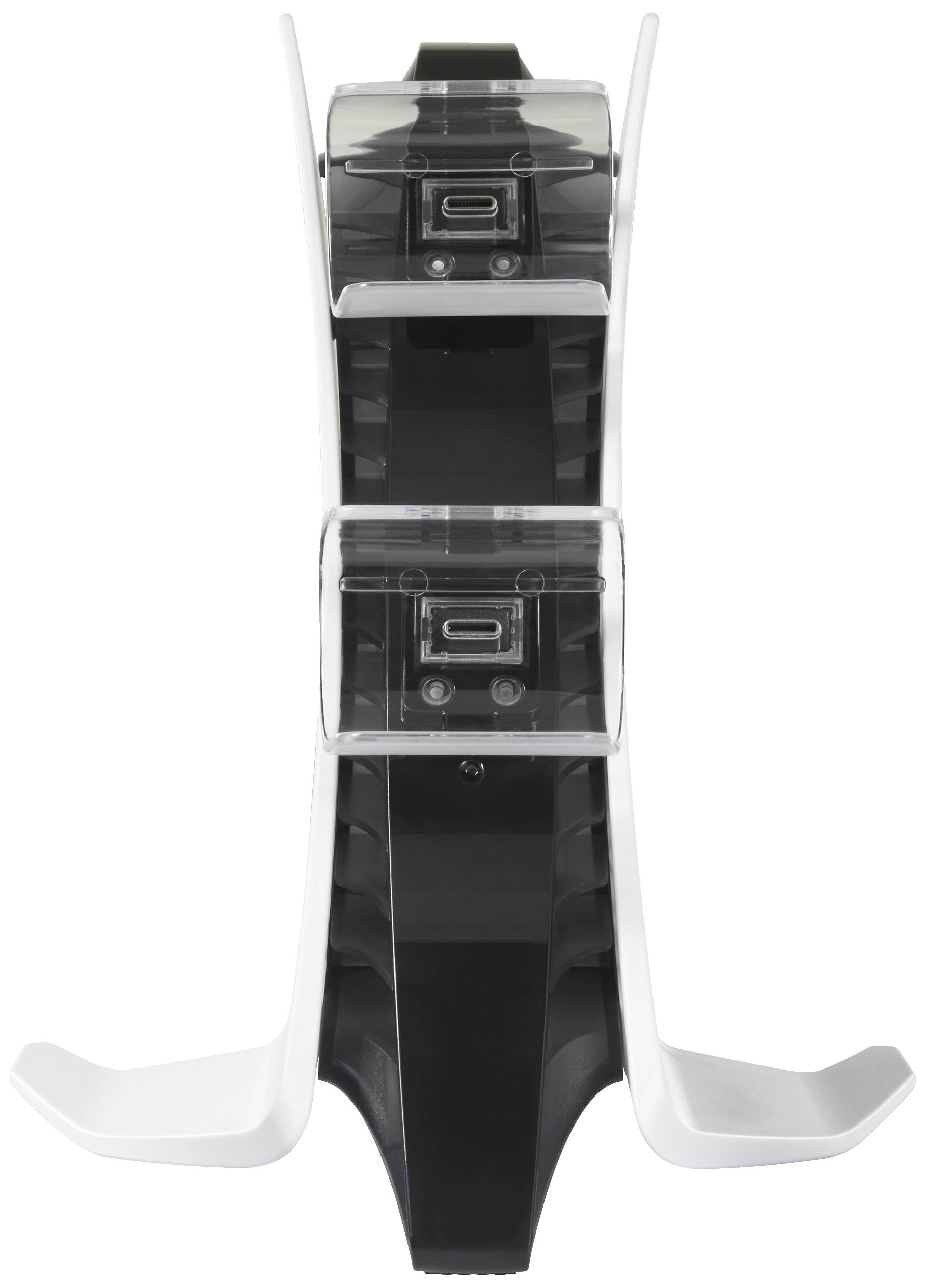 Station de charge pour manette de jeu avec deux ports USB-C, design blanc et noir, posée sur une surface plane.