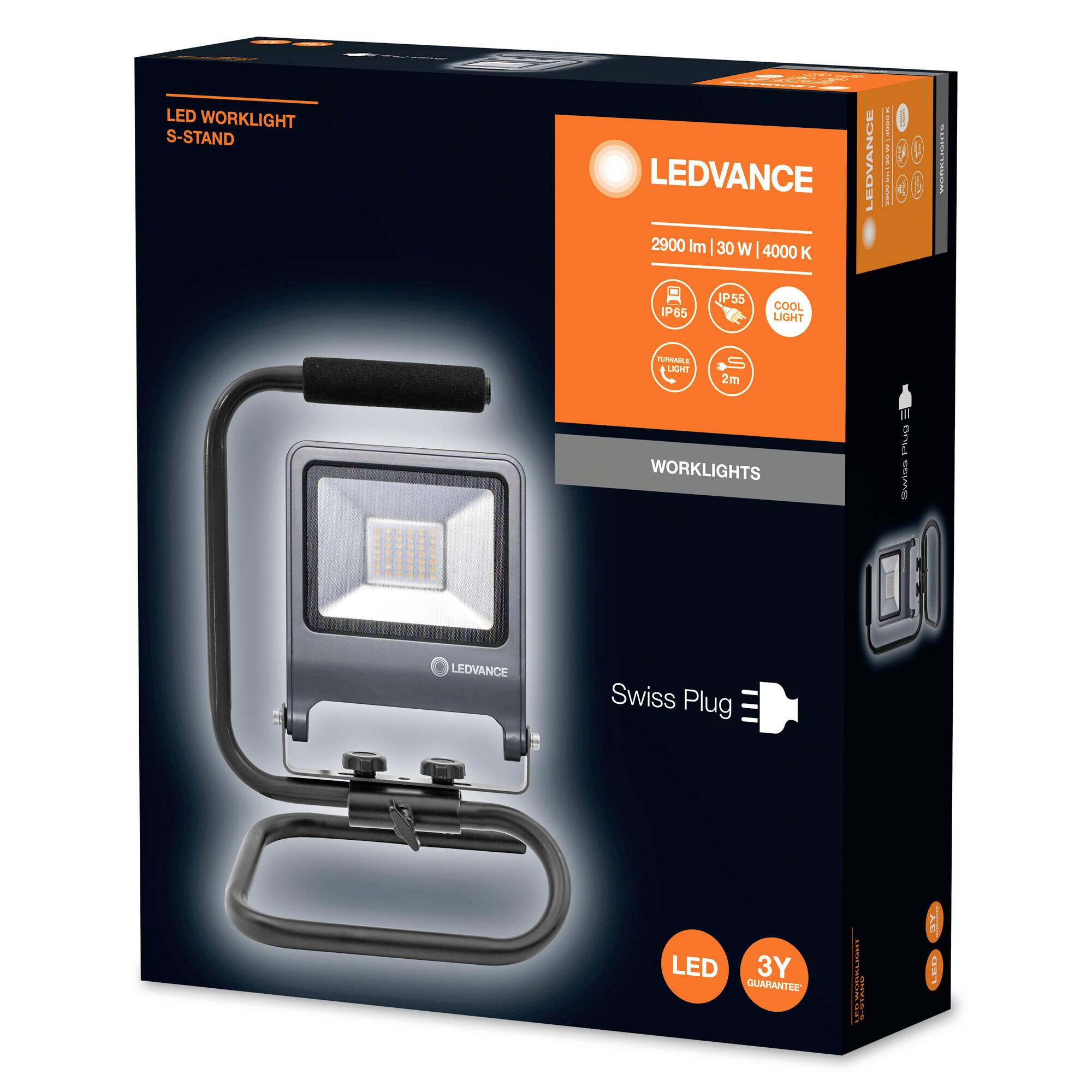 Lampe de travail LED sur pied, 2900 lm, 30 W, 4000 K. Caractéristiques : IP65, IK07, garantie de 3 ans. L'emballage présente l'image du produit et ses détails.