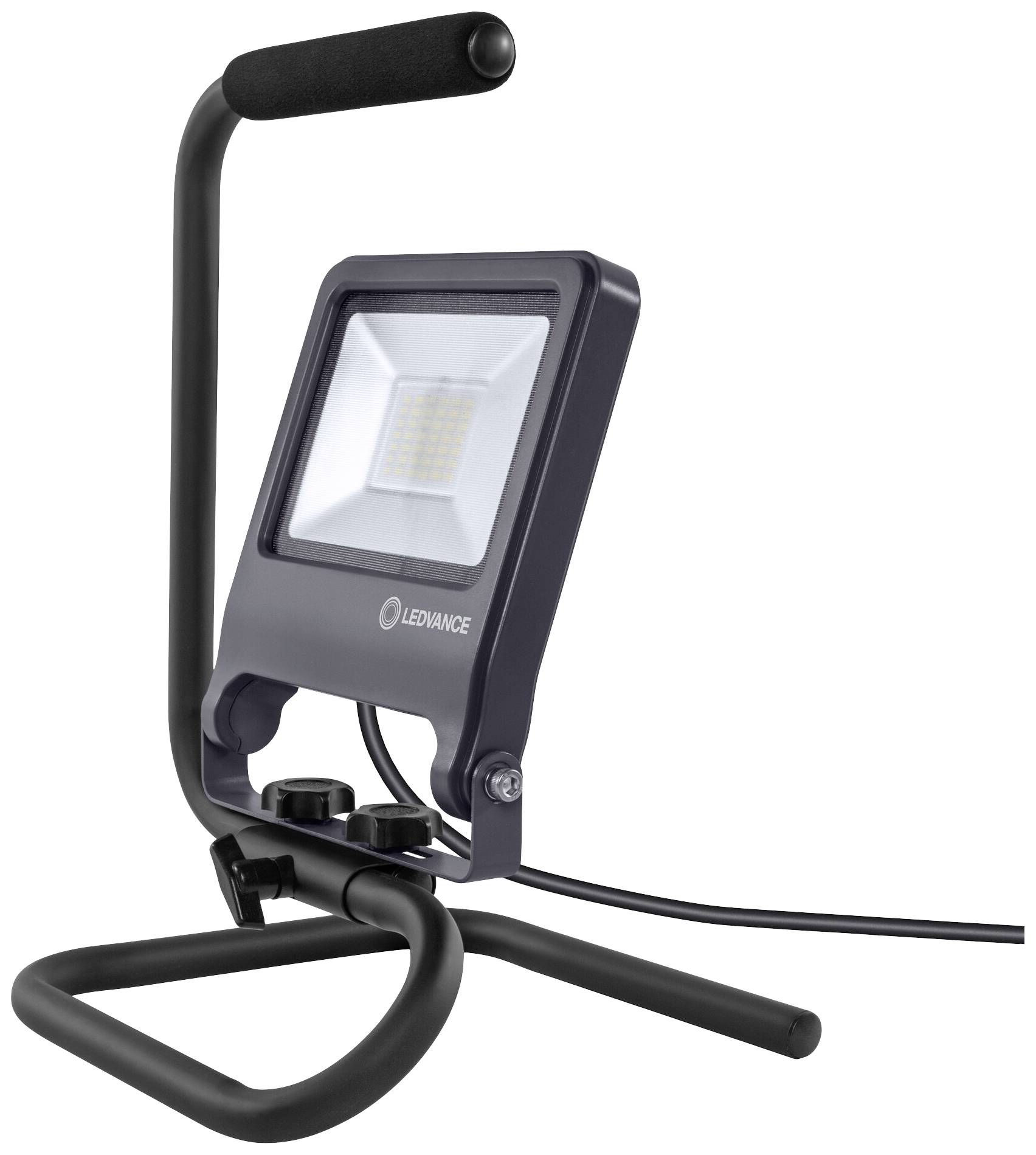 Un projecteur LED portable à tête carrée, monté sur un support stable en forme de U, adapté pour l'éclairage de chantier ou de travail.