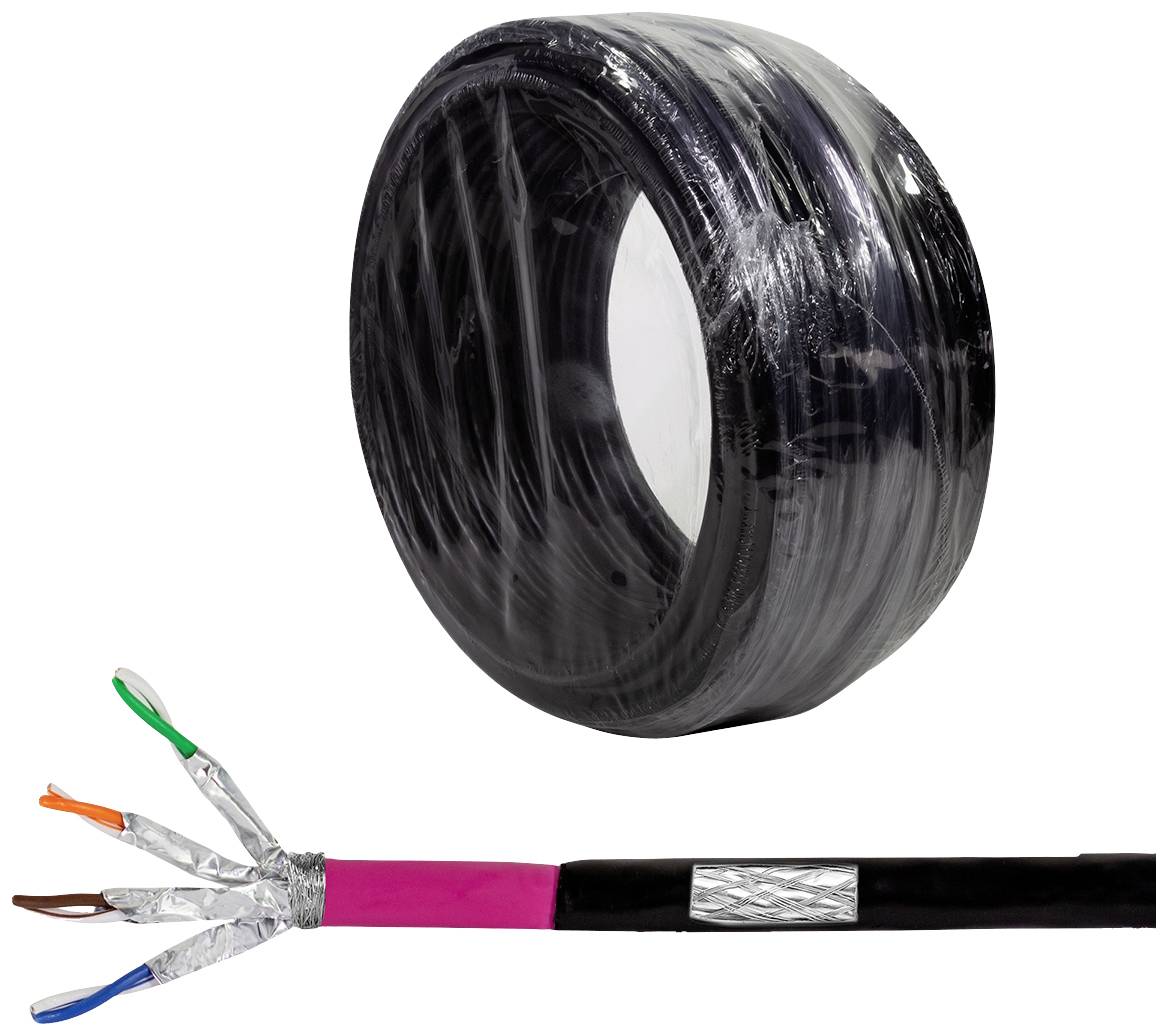 Un grand rouleau de câble noir et un segment de câble multibrins avec des fils de couleurs et un blindage sont visibles.