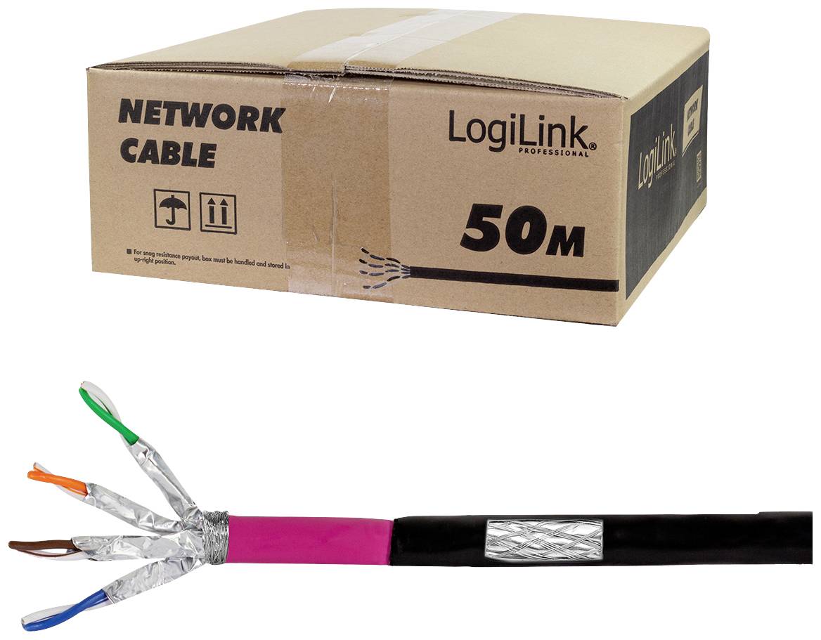 Une boîte de 50 mètres de câble réseau de LogiLink. À côté, une vue en coupe du câble montrant ses conducteurs colorés.