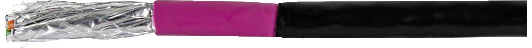 Illustration d'un câble multibrins avec isolation rose et gaine extérieure noire. Blindage argenté visible à une extrémité.
