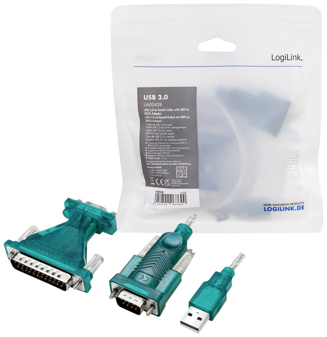 'Trois adaptateurs verts : USB 2.0, VGA vers USB et DB25. Emballage en arrière-plan avec le logo LogiLink et les informations du produit.'