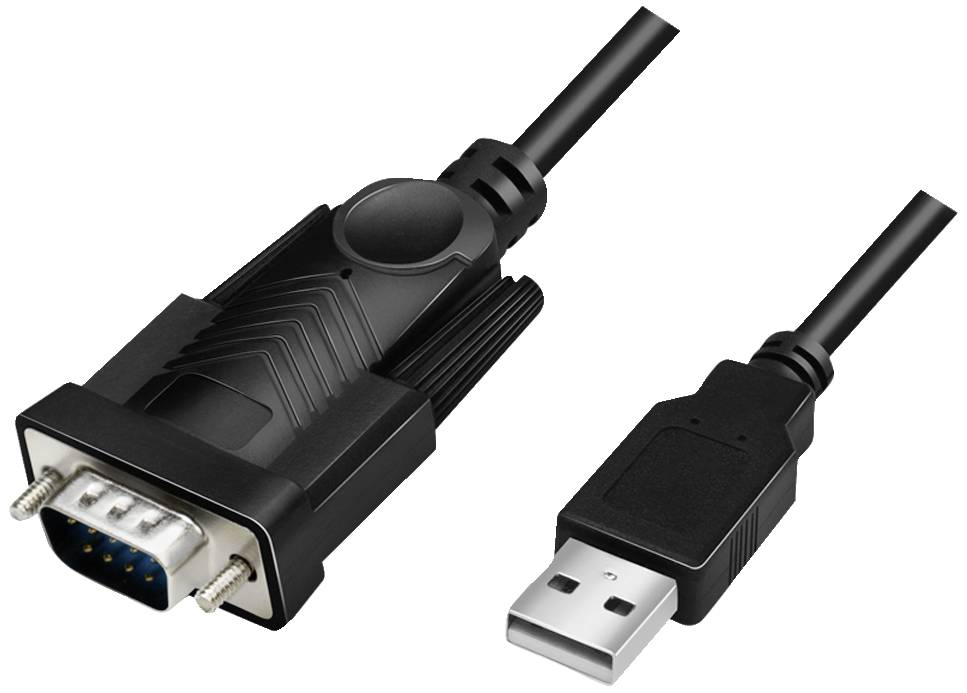 Illustration d'un adaptateur noir reliant une interface série à une fiche USB.