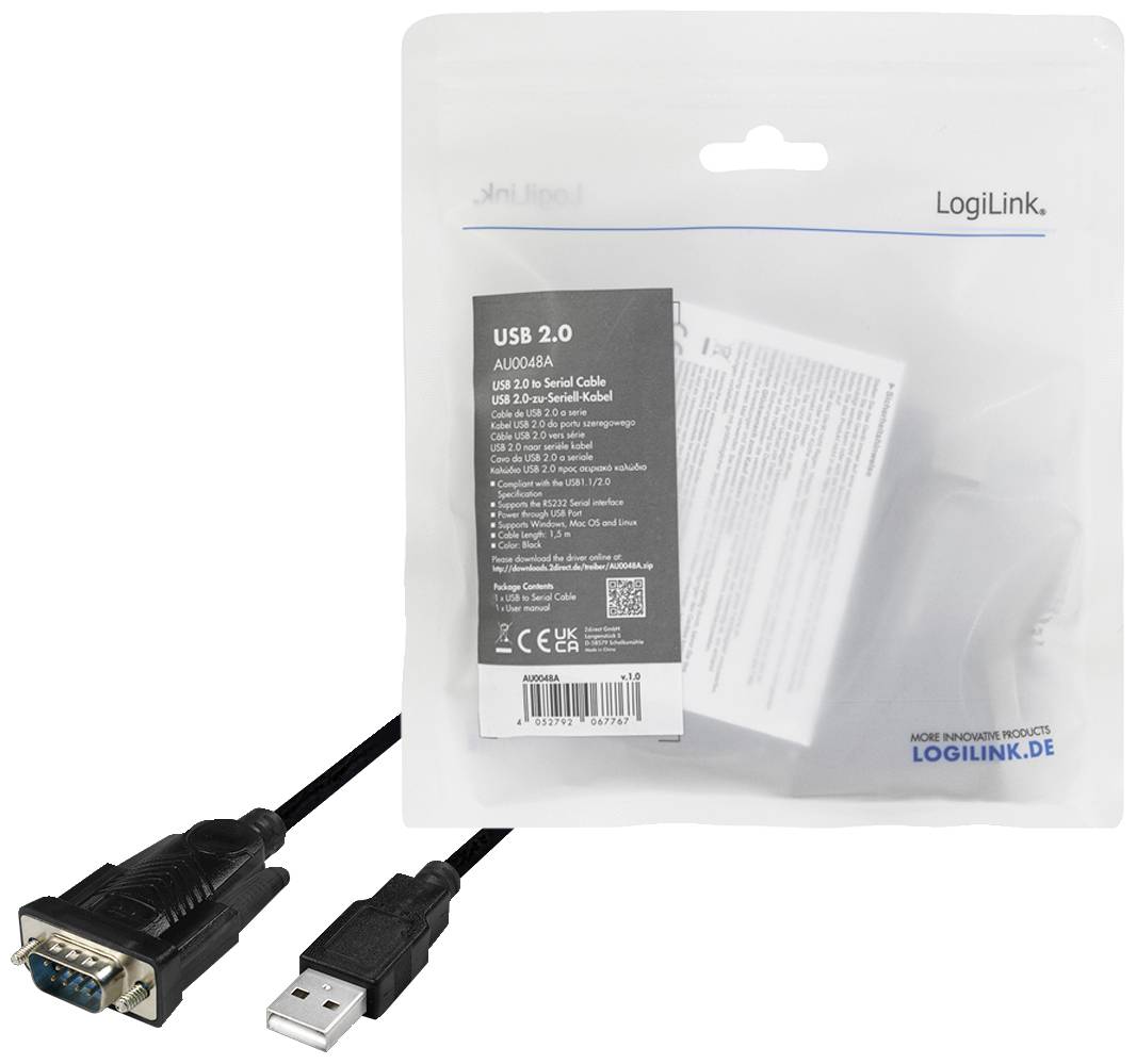 Câble USB 2.0 vers série de LogiLink, modèle AU0006A, emballé. Montre la face avant de l'emballage et le câble avec connexions USB et série.