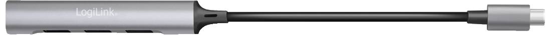 Un adaptateur USB-C gris de Logitech avec plusieurs interfaces, dont des ports USB, sur un fond blanc.