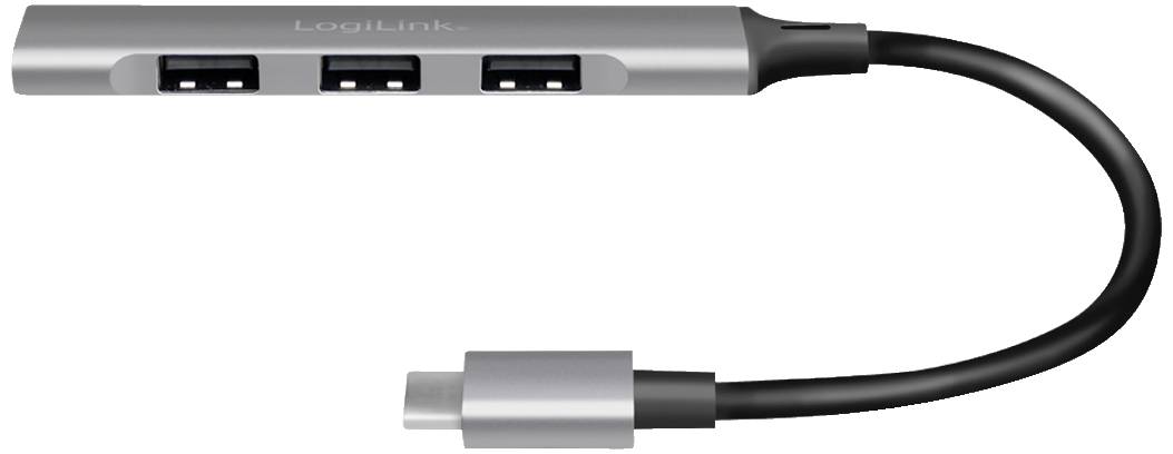 Un hub USB-C argenté de LogiLink doté de trois ports USB-A et d'un câble court se terminant par une fiche USB-C.