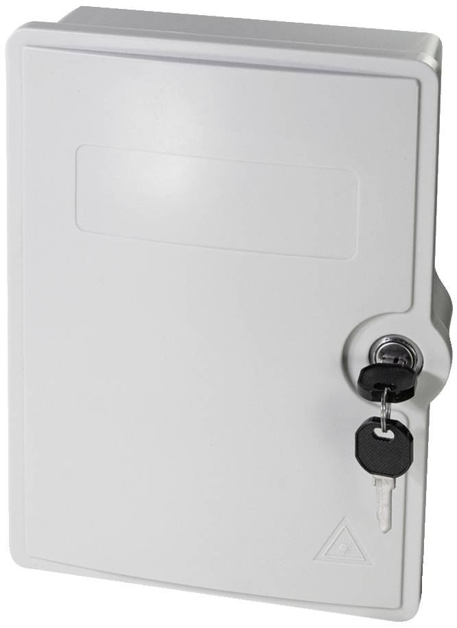 Un boîtier de sécurité blanc fermé est représenté, avec un cadenas et une clé insérée dans la serrure.