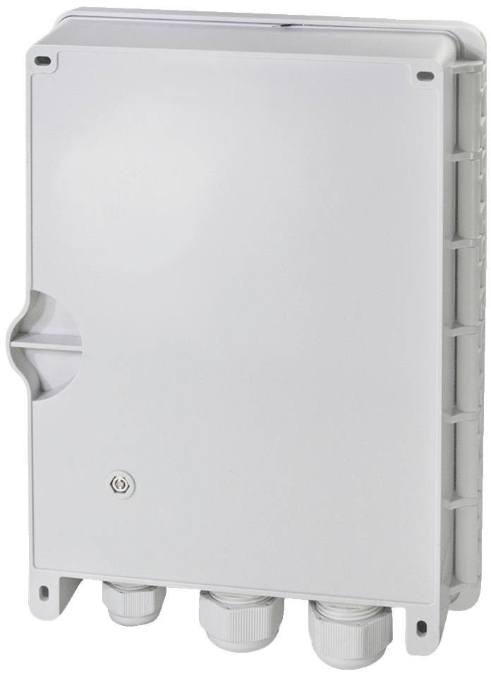 Boîtier rectangulaire en plastique gris et blanc à coins arrondis, avec trois presse-étoupes situés sur le bord inférieur, adapté pour les installations électriques.